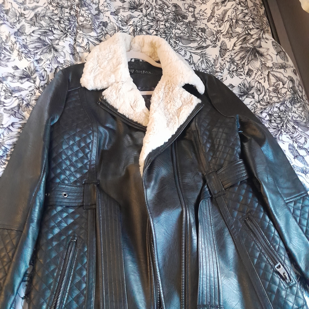 Guess Black  Faux Leather Jacket with White Shearling